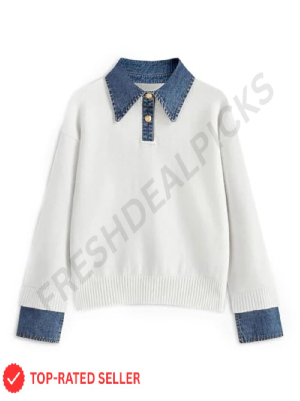 Women's Oversized Knit Sweater Denim Collar Polo Long Sleeve Pullover